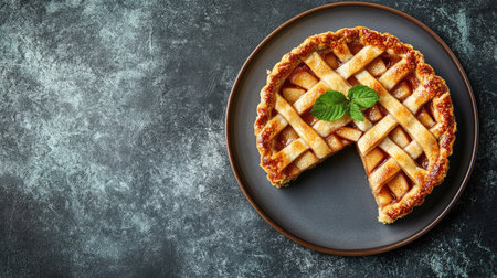 A freshly baked apple pie with a golden flaky crust, featuring a slice removed, garnished with mint leaves on a dark slate background, perfect for any occasion.の素材