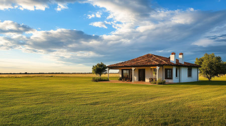 A picturesque countryside house sits surrounded by lush green fields and under a vibrant blue sky. This serene setting invites relaxation and peace.の素材