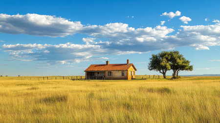 A tranquil countryside scene featuring a rustic house beside a lone tree under a vibrant blue sky, surrounded by golden grasses and soft clouds.の素材