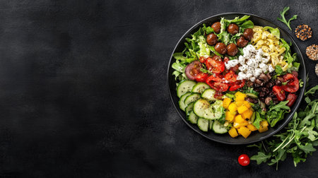 A vibrant and fresh salad featuring a mix of vegetables, cheese, and olives served on a dark surface. Perfect for healthy dining and gourmet cooking.の素材