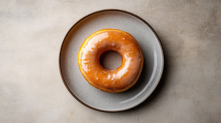 A beautifully presented glazed donut sits center stage on a minimalist plate. This delectable dessert showcases a shiny glaze and soft texture, perfect for any treat lover.の素材