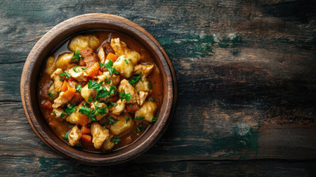 Enjoy a hearty chicken stew featuring tender dumplings and fresh herbs, perfect for a comforting meal. This rustic dish showcases vibrant vegetables and rich flavors.の素材