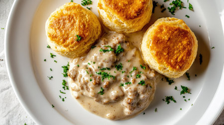 Indulge in this mouthwatering plate featuring fluffy biscuits smothered in creamy sausage gravy, garnished with fresh herbs for added flavor.の素材