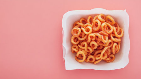 A tempting view of crispy golden curly fries served in a white paper box against a soft pink background, perfect for showcasing delicious snacks.の素材