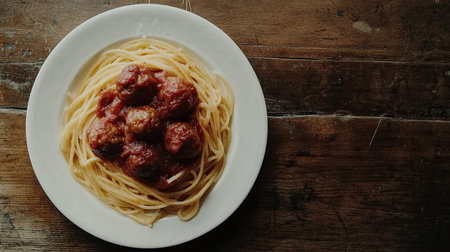 A mouthwatering plate of spaghetti and meatballs on a rustic wooden table evokes a sense of comfort and culinary delight. Enjoy this classic dish!の素材