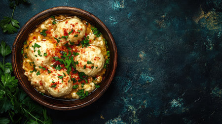 Enjoy a hearty bowl of savory dumplings in rich broth, beautifully garnished with fresh herbs. Perfect for a comforting meal any time.の素材