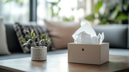 A stylish minimalist tissue box sits on a coffee table in a modern living room, complemented by a potted plant. The scene radiates comfort and tranquility.の素材