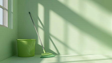 A serene green room featuring a mop and bucket, illuminated by gentle sunlight. This tranquil space conveys cleanliness and a bright atmosphere ideal for maintenance tasks.の素材