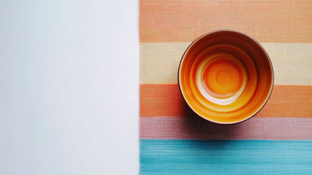 An artistic flat lay featuring a vibrant orange bowl set against a colorful table runner. This image exudes warmth and modern style, perfect for kitchen decor.の素材
