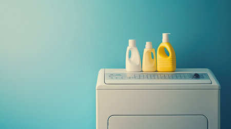 A clean laundry setting featuring a washing machine topped with bottles of detergent and fabric softener. The soft blue wall adds a modern touch to the interior, perfect for any laundry room setup.の素材