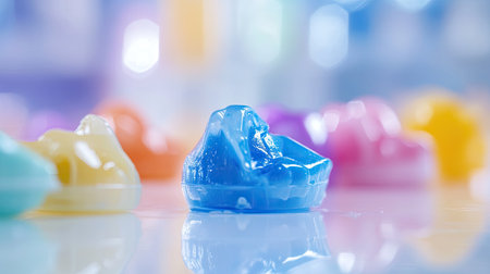 Close-up of colorful detergent pods arranged artistically on a bright surface, showcasing modern design and vibrant colors in a clean and fresh environment.の素材