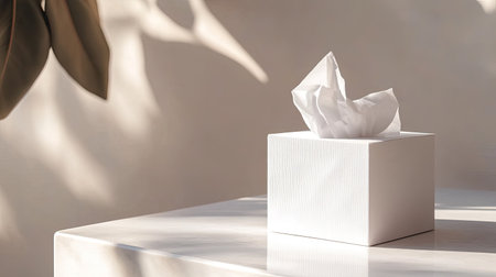 A simple white tissue box sits on a modern table, featuring a crumpled tissue. The clean and minimalist design enhances the decor, creating a cozy atmosphere.の素材