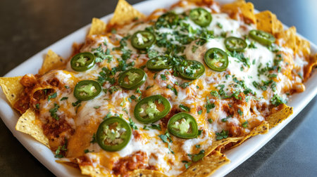 A vibrant plate of cheesy nachos topped with fresh and herbs. Perfect for parties or casual meals, this dish offers a flavorful and indulgent experience.の素材