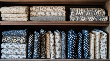 This image showcases neatly folded textiles arranged on a wooden shelf, featuring various patterns in blue and neutral tones, creating a cozy and organized atmosphere.の素材
