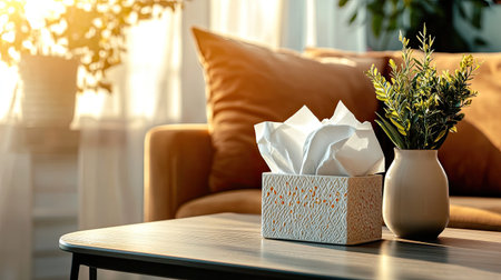 A cozy living room scene featuring a tissue box and a decorative plant. Soft sunlight filters through curtains, creating a warm and inviting atmosphere.の素材