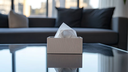 A close-up of a tissue box placed on a glass table in a modern living room. The soft couch and bright windows create a cozy, inviting atmosphere. Perfect for home and lifestyle themes.の素材