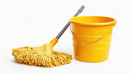 A bright yellow cleaning mop and bucket set ideal for home cleaning tasks. Perfect for maintaining hygiene and tidiness in various indoor spaces.の素材