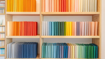 A visually appealing display of neatly stacked books in vibrant colors on wooden shelves. The arrangement showcases an organized and inspiring workspace atmosphere.の素材