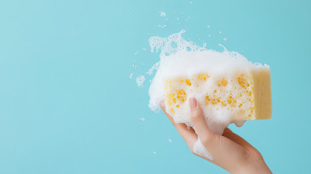 A hand holds a vibrant yellow sponge covered in bubbles, set against a soothing blue background, capturing the essence of cleanliness and freshness in everyday life.の素材