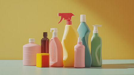 A vibrant array of cleaning products and bottles arranged on a flat surface. The bright yellow background enhances the colorful presentation, ideal for marketing household supplies.の素材