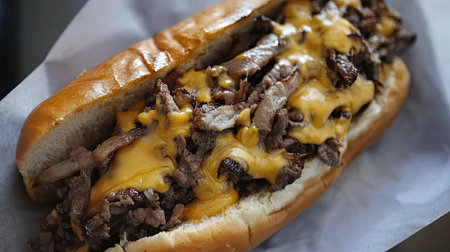 A mouthwatering cheddar cheese steak sandwich featuring tender beef, melted cheese, and a fresh hoagie roll, perfect for a satisfying meal or snack.の素材