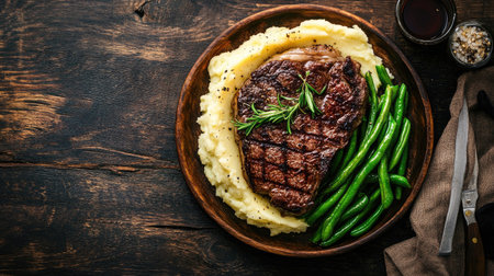 A beautifully plated steak garnished with rosemary, paired with creamy mashed potatoes and vibrant green beans, set on a rustic wooden table.の素材
