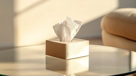 A serene tissue box placed elegantly on a glass table, illuminated by soft, natural light. This image captures the essence of comfort and tranquility in a cozy living room environment.の素材