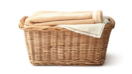 Beautiful wicker basket filled with soft towels, perfect for organizing your bathroom or adding a cozy touch to any living space. Ideal for home decor.の素材