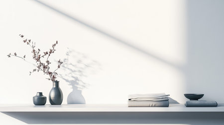 This minimalist interior scene features a stylish vase with flowers, neatly arranged textiles, and soft shadows, creating a calming and aesthetically pleasing atmosphere.の素材