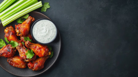 Enjoy a flavorful serving of spicy chicken wings accompanied by fresh celery and creamy dip on a dark background, perfect for gatherings and parties.の素材