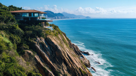 Breathtaking coastal view featuring a modern house perched on a cliffside, overlooking sparkling blue ocean waves and distant city skyline under a clear sky.の素材