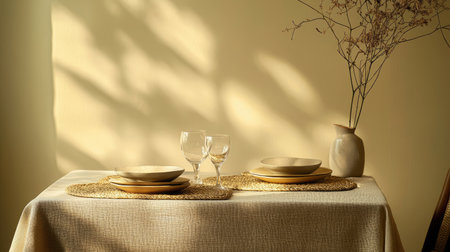 A serene dining setup showcasing elegant tableware and soft natural light. Perfect for illustrating concepts of comfort, style, and modern aesthetics.の素材
