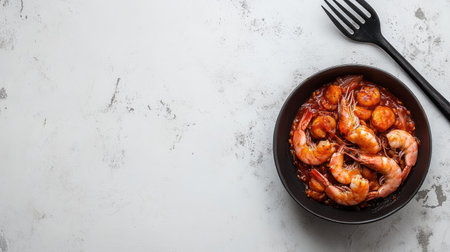 A tempting bowl of shrimp covered in rich sauce, accompanied by a sleek black fork, perfect for showcasing culinary delights on any table setting.の素材