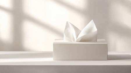 A serene image featuring an elegant white tissue box on a minimalist surface, enhanced by soft lighting that creates a calming atmosphere for any space.の素材
