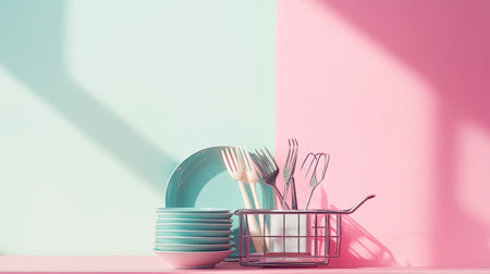 Discover an elegant arrangement of plates and utensils in soft colors against a vibrant backdrop. Perfect for showcasing modern kitchen aesthetics.の素材