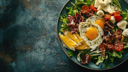 A vibrant salad featuring fresh greens, sunny-side-up eggs, cherry tomatoes, and crispy bacon, presented on a rustic plate, perfect for healthy eating.の素材