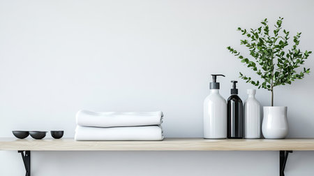A minimalist bathroom shelf showcasing neatly arranged towels, stylish containers, and a small plant, creating a serene and modern atmosphere, perfect for relaxation.の素材
