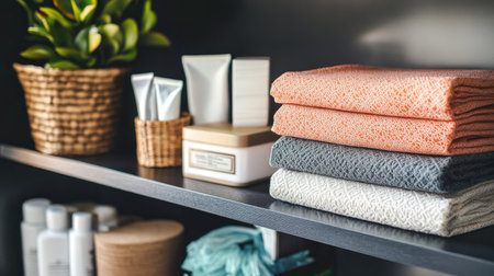 A serene bathroom scene featuring neatly arranged soft textiles and natural skincare products. Perfect for showcasing relaxation and home organization.の素材