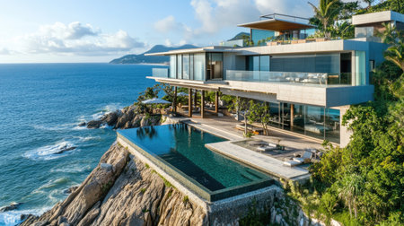 Stunning modern villa set on a cliff with an infinity pool, offering breathtaking ocean views. Ideal for luxury retreats and serene vacations.の素材