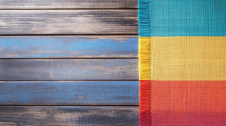 A vibrant woven blanket drapes over a rustic wooden surface, featuring rich colors of blue, yellow, and red. Perfect for cozy home decor and stylish backgrounds.の素材