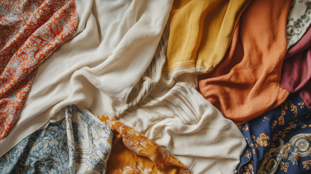 An artistic composition of colorful fabrics layered on a wooden surface, showcasing various textures and patterns. Ideal for design and fashion themes.の素材