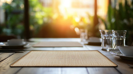 A warm sunset bathes a cozy dining table, featuring a natural placemat and elegant dinnerware. Lush plants create a tranquil atmosphere, perfect for gatherings.の素材