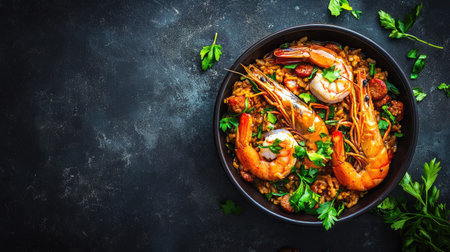 A vibrant shrimp dish beautifully presented in a bowl, garnished with fresh herbs and spices. Perfect for seafood lovers, showcasing bold flavors.の素材