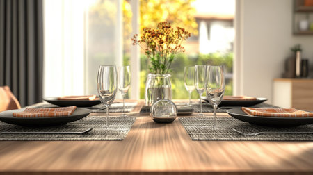 A beautifully arranged dining table featuring elegant glassware, stylish dinnerware, and a vibrant flower centerpiece, creating a warm and inviting space for gatherings.の素材