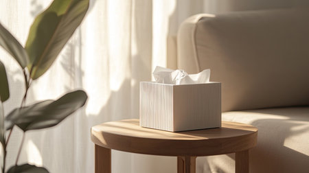 A serene interior scene featuring a white tissue box on a wooden table, bathed in soft morning light. Perfect for home decor and wellness themes.の素材