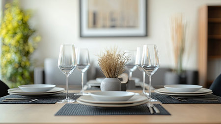 This image showcases an elegant dining table setting featuring glassware, plates, and a minimalistic centerpiece, perfect for a sophisticated dining experience.の素材