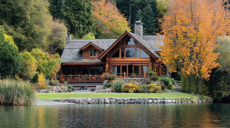 A charming log cabin stands by a serene lake, surrounded by vibrant autumn foliage. This picturesque scene captures nature's beauty and tranquility, perfect for a getaway.の素材