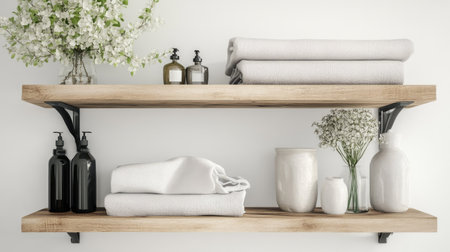 A beautifully arranged bathroom shelf featuring soft towels, elegant bottles, and delicate flowers. This minimalist setup enhances tranquility and invites relaxation.の素材