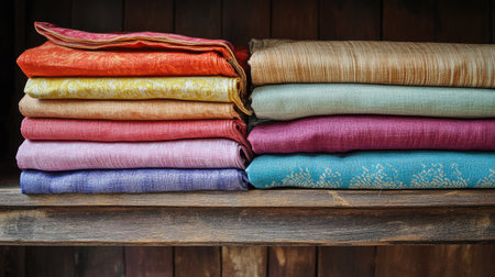 A visually appealing arrangement of colorful textiles neatly stacked on a rustic wooden shelf, showcasing a variety of soft fabrics in different shades and patterns.の素材