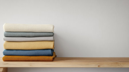 A neatly stacked arrangement of soft textiles in various colors sits on a wooden shelf, creating a cozy and inviting atmosphere in a modern home interior.の素材